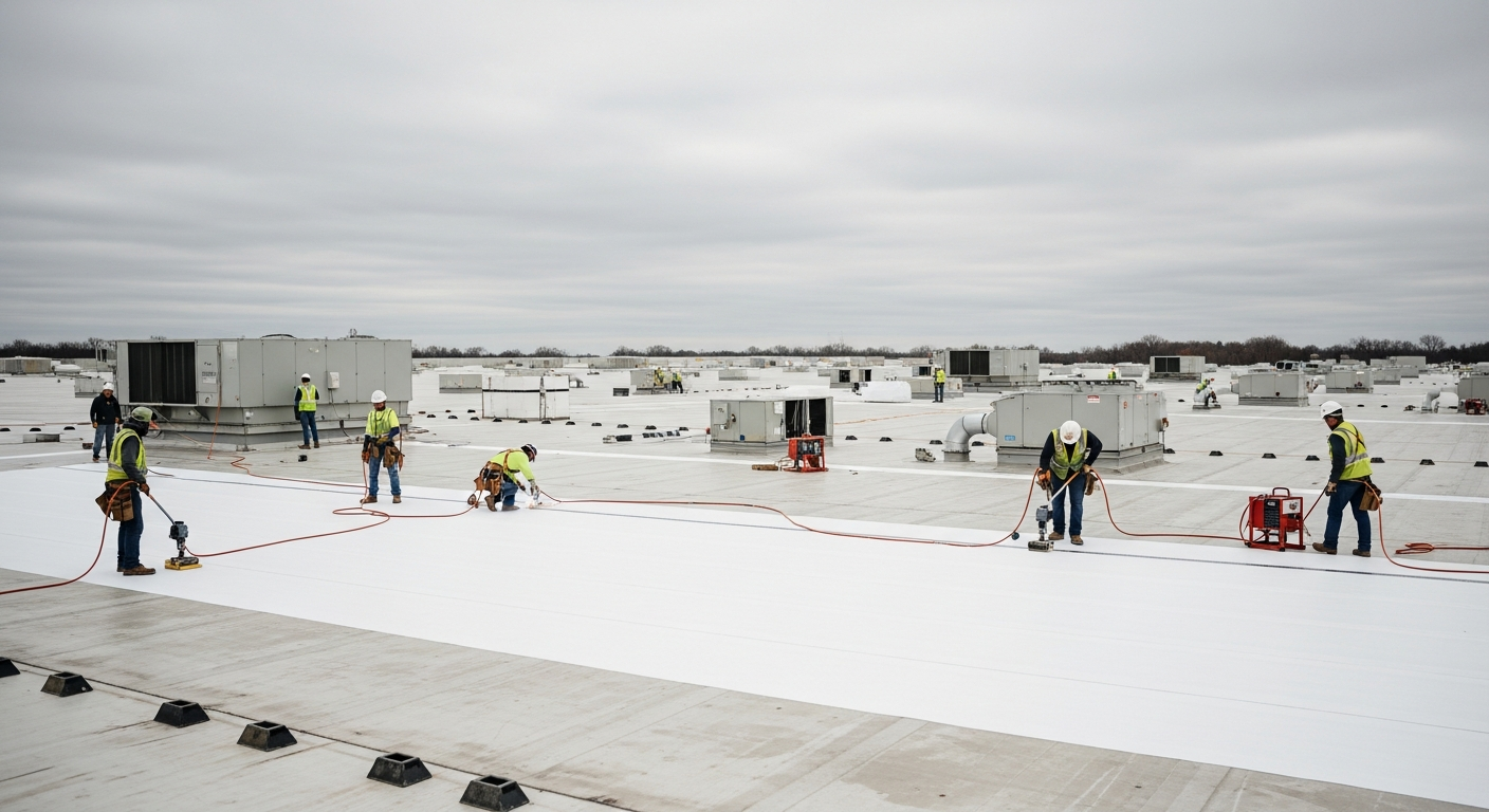 Commercial roofing crew installing TPO single-ply membrane on a large flat low-slope warehouse roof in Indianapolis
