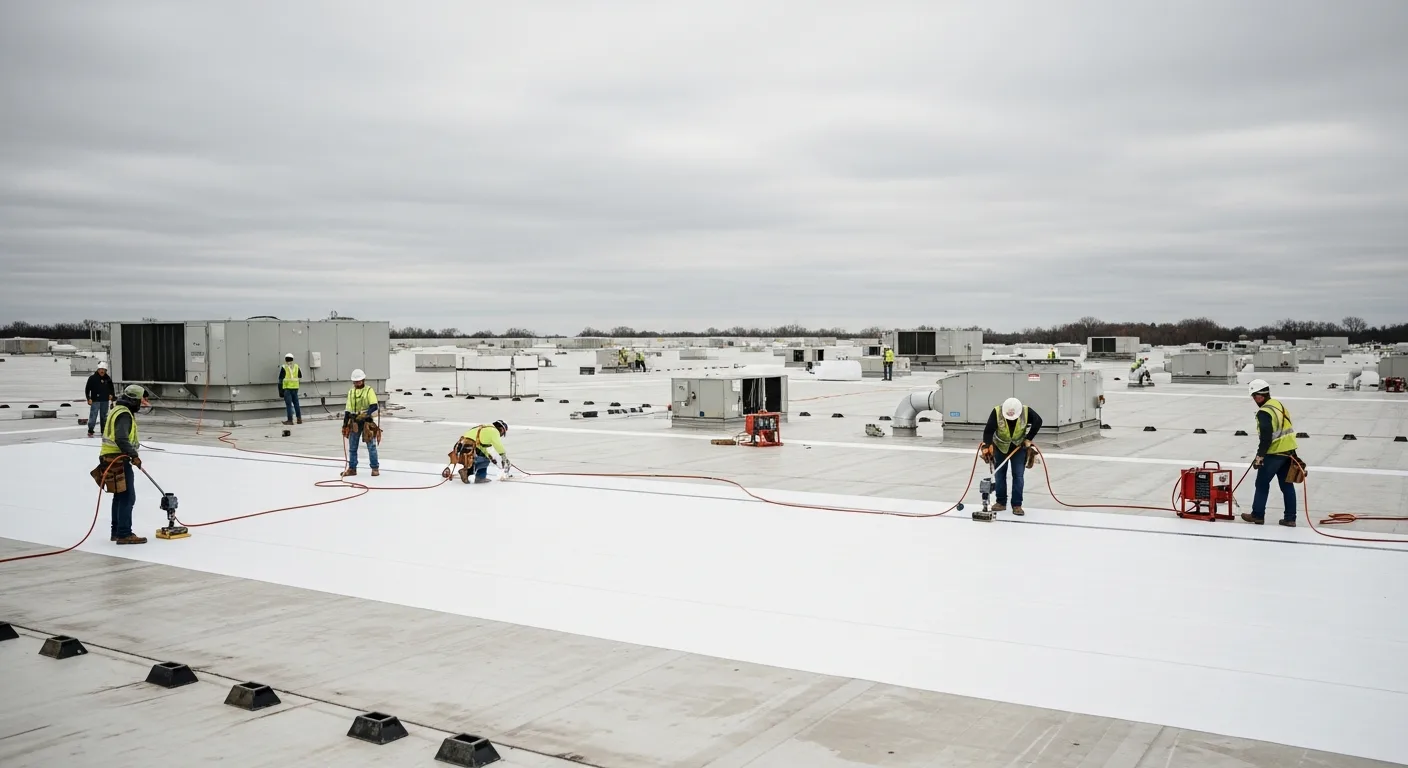 Commercial roofing crew installing TPO single-ply membrane on a large flat low-slope warehouse roof in Indianapolis